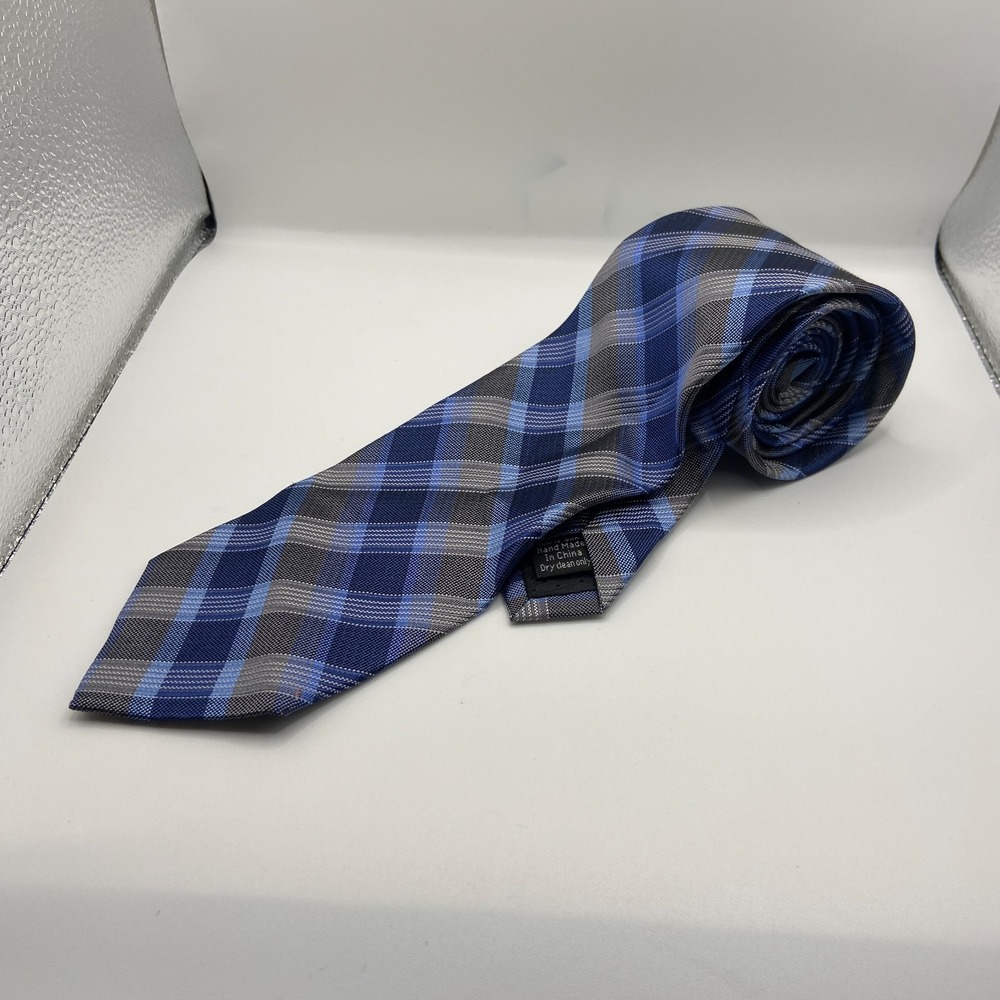 Pronto Uomo Platinum Men Blue Gray Plaid Silk Pointed Adjustable Formal Neck Tie